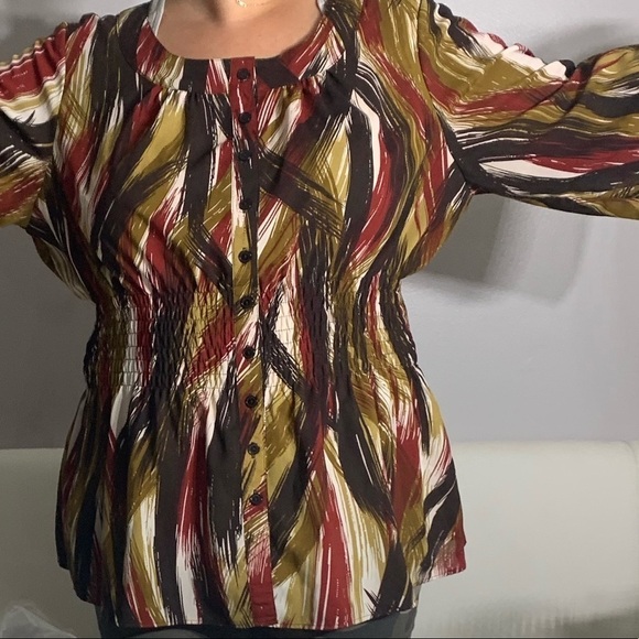 Ashley Stewart Elastic Waist Peplum Bell Sleeve abstract autumn blouse 18 - Picture 8 of 8